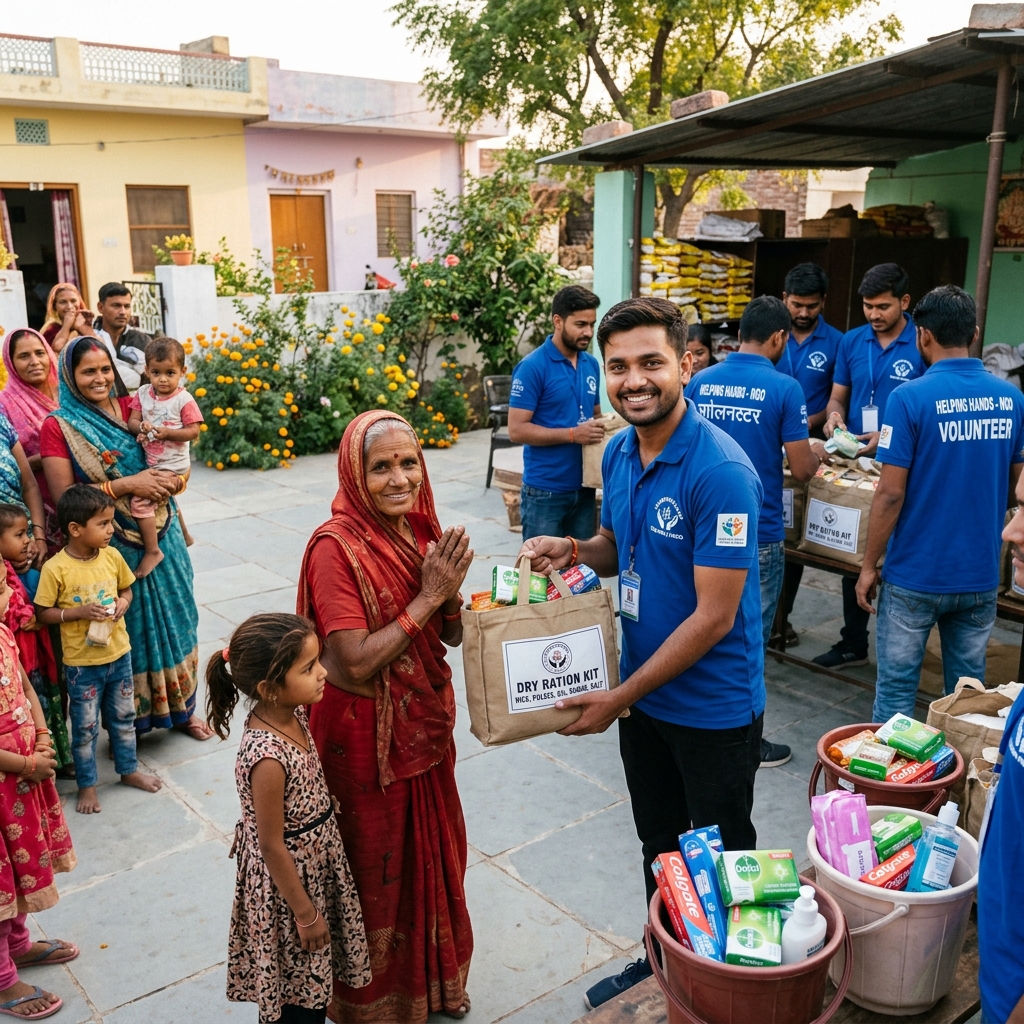 Volunteers distributing community welfare aids